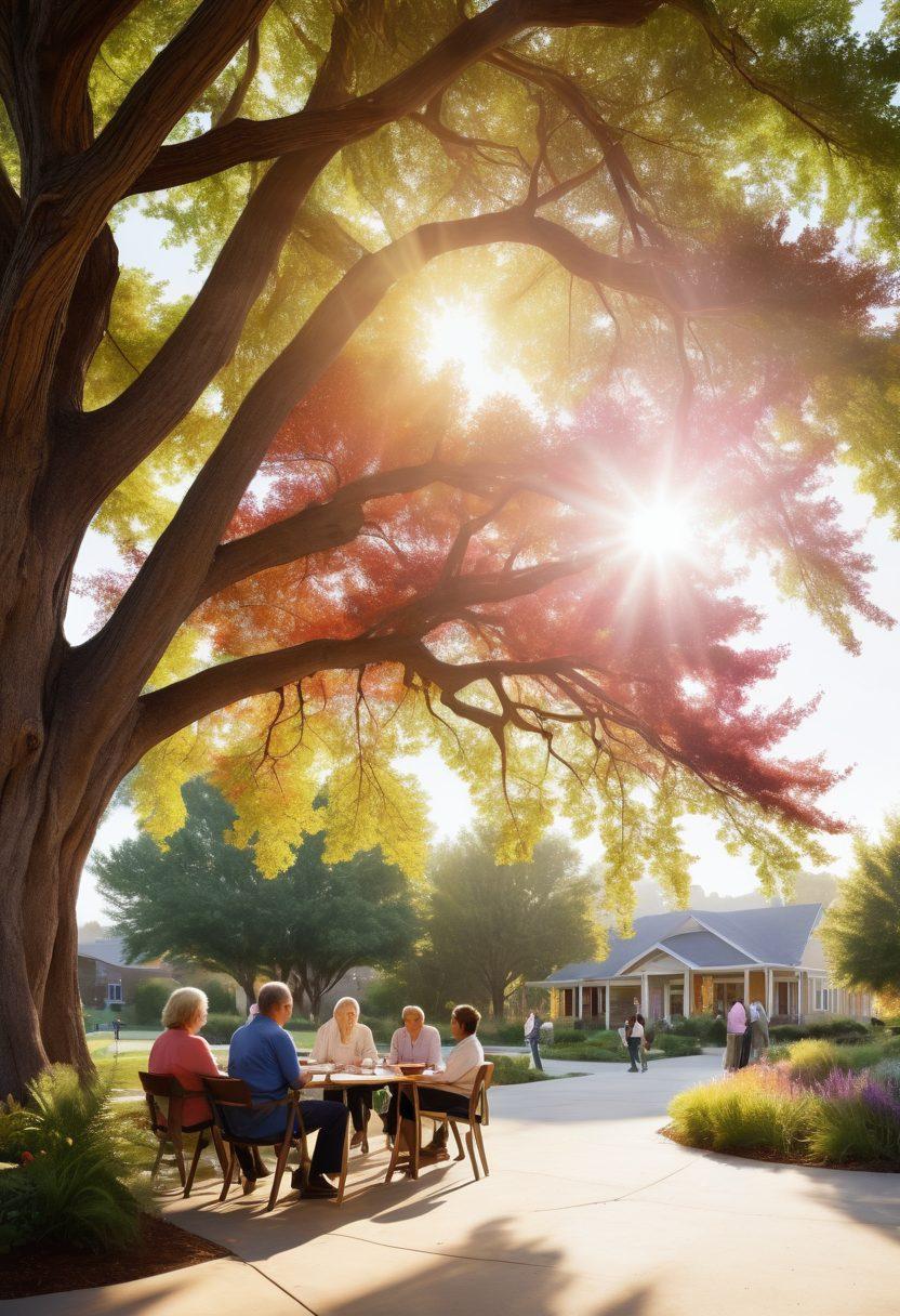 A serene landscape depicting a diverse group of people engaged in various cancer treatment options, such as patients with medical professionals, a support group meeting under a tree, and a vibrant community resource center in the background. Soft sunlight filters through, symbolizing hope and resilience. Include elements like brochures, healing plants, and supportive gestures to emphasize community engagement. vibrant colors. super-realistic.