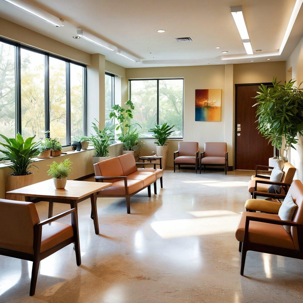 A serene and inviting healthcare environment, showcasing a diverse group of patients engaged in a holistic workshop. Include elements like educational materials, supportive interaction, and nature-inspired decor. Depict a warm atmosphere with soft lighting and plants, symbolizing growth and healing. Vibrant colors. super-realistic.
