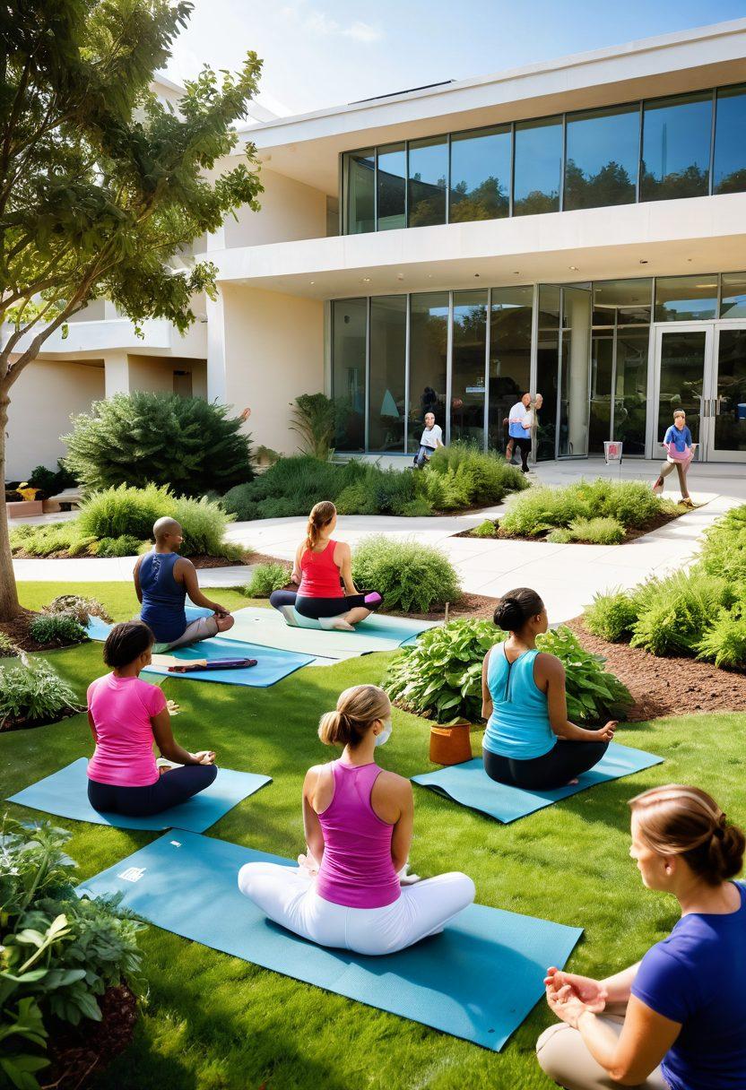 A serene landscape depicting a diverse group of people engaging in wellness activities such as yoga, gardening, and sharing healthy meals. In the background, a modern cancer care facility with supportive staff and patients showcasing hope and resilience. Include symbols of prevention like leafy greens, fitness tools, and inspirational quotes in artistic typography. soft colors. uplifting atmosphere. super-realistic.